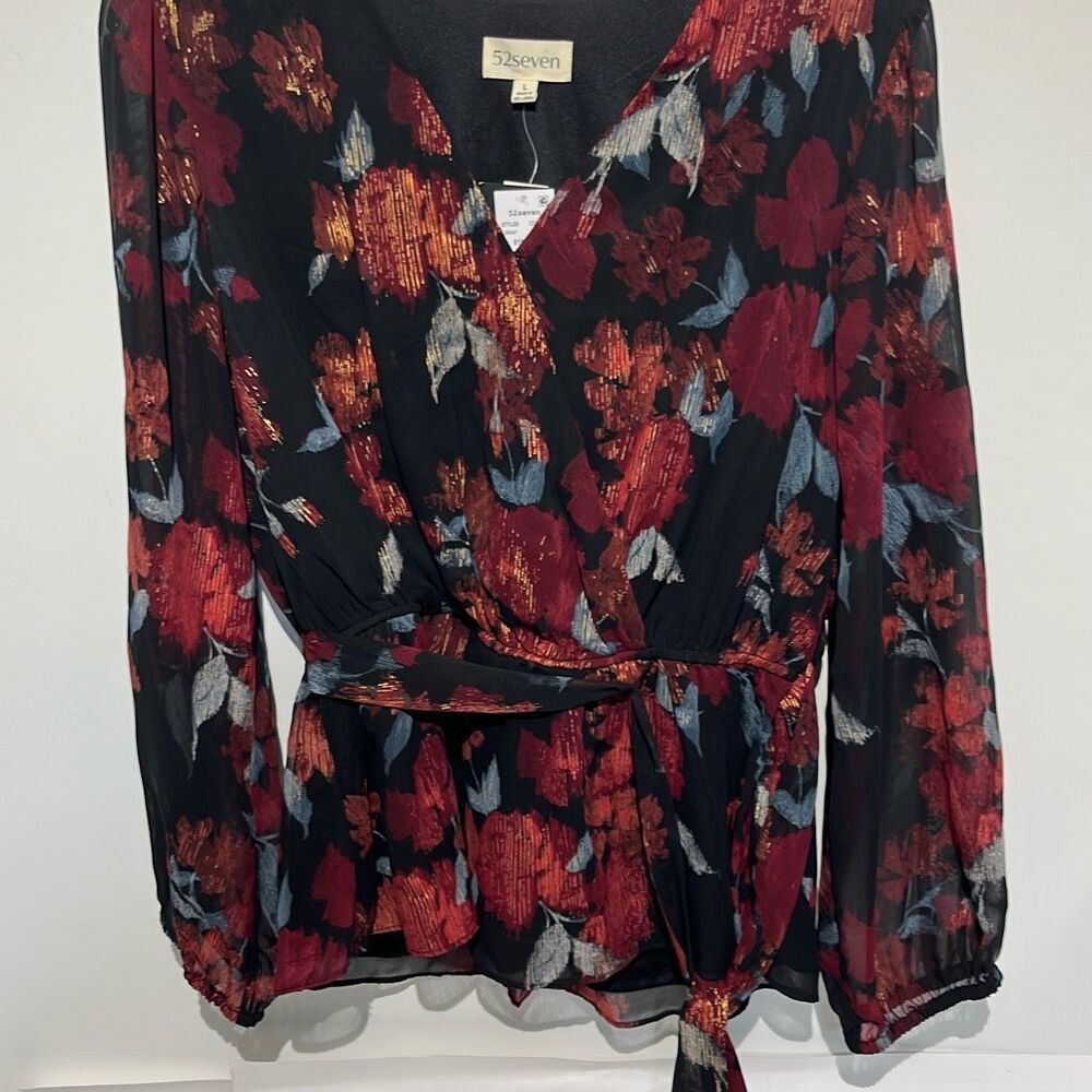 52seven Women's Multicolor Floral Tie Waist Long Sleeve Blouson Blouse Large NWT